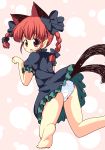  1girl animal_ears ass bare_legs barefoot black_dress bow braid cat_ears cat_tail dress extra_ears hair_bow kaenbyou_rin looking_at_viewer looking_back multiple_tails open_mouth panties pantyshot pantyshot_(standing) pila-pela pointy_ears puffy_short_sleeves puffy_sleeves red_eyes redhead short_sleeves solo standing tail touhou twin_braids underwear upskirt white_panties 
