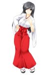  1girl black_hair blue_eyes breasts full_body hair_over_one_eye hand_on_hip hand_on_own_chest japanese_clothes long_hair miko original simple_background solo tabi tenshou_shirou white_background 