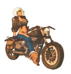  1girl angel_(kof) baptiste_pagani boots breasts chaps cleavage cowboy_boots cropped_jacket fingerless_gloves gloves king_of_fighters large_breasts midriff motor_vehicle motorcycle navel short_hair sitting sleeves_rolled_up solo vehicle white_hair 