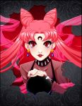  1girl bishoujo_senshi_sailor_moon black_lady chibi_usa crescent double_bun earrings facial_mark forehead_mark highres jewelry lipstick long_hair makeup nail_polish nose older orb pink_hair red_eyes see-through setsuna22 solo twintails very_long_hair 