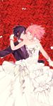  1boy 1girl black_hair closed_eyes couple dress flower formal gloves haruno_sakura hetero long_hair naruto naruto_(series) pink_hair rose short_hair smile suit u_928 uchiha_sasuke 