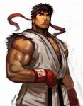  1boy bag black_hair brolo cowboy_shot dougi eyebrows facial_hair headband muscle revision ryuu_(street_fighter) short_hair solo street_fighter street_fighter_iii stubble thick_eyebrows white_background 