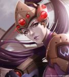 1girl amelie_lacroix dutch_angle ear_studs earrings grey_skin gun high_ponytail jewelry laser_sight lipstick long_hair looking_at_viewer magion02 makeup overwatch parted_lips portrait purple_hair purple_lipstick rifle shoulder_pads signature solo watermark weapon web_address widowmaker_(overwatch) yellow_eyes 