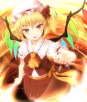  &gt;:d 1girl :d ascot ayagi_daifuku blonde_hair bow flandre_scarlet frills hair_bow hat looking_at_viewer open_mouth red_eyes red_skirt ribbon short_hair side_ponytail skirt skirt_set slit_pupils smile solo touhou vest wings 