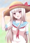  1girl arm_behind_back blush hat highres long_hair open_mouth original school_uniform serafuku smile solo yatsu_(sasuraino) 
