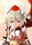  1girl absurdres animal_ears bare_shoulders breasts broken_mask detached_sleeves hat highres inubashiri_momiji mask orange_eyes pink_background pom_pom_(clothes) red_scarf scarf short_hair silver_hair simple_background solo tengu_mask tokin_hat touhou wolf_ears 