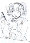  1girl blush breasts chopsticks closed_eyes food headphones huge_breasts meat monochrome nitroplus open_mouth plump rice_bowl short_hair sketch solo super_pochaco syachihoko_chan twintails 