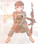  1girl ak-74 ak-74m assault_rifle blonde_hair camouflage gloves gun highres mikhail_n military military_uniform rifle russia uniform weapon 