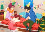  1girl 2boys bed black_hair blue_eyes brother_and_sister cake child christmas christmas_tree closed_eyes food free! gift hair_bobbles hair_ornament hat hoodie matsuoka_gou matsuoka_rin multiple_boys newtype nishiya_futoshi official_art open_mouth party_hat red_eyes redhead scarf siblings side_ponytail sitting_on_bed sleeping smile strawberry_shortcake yamazaki_sousuke younger 