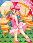  1girl big_hair blonde_hair blue_eyes boots choker dress drill_hair earrings eyepatch harime_nui heart heart_earrings highres jewelry kill_la_kill knee_boots long_hair parasol pink_dress pinky_out setsuna22 small_breasts smile solo strapless_dress twin_drills umbrella very_long_hair wrist_cuffs 