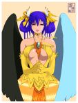  1girl asymmetrical_wings breasts choker dizzy dress elbow_gloves gloves guilty_gear hair_ribbon hair_up large_breasts looking_at_viewer purple_hair red_eyes ribbon ribbon_choker short_hair smile solo steepled_fingers strapless_dress under_boob wings yellow_dress yellow_gloves yukikaseni 
