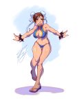  1girl adapted_costume bikini bracelet breasts brown_eyes brown_hair bun_cover chun-li cleavage double_bun francesco_simioni full_body halter_top halterneck highres jewelry large_breasts outstretched_arms sandals short_hair solo spiked_bracelet spikes street_fighter swimsuit thigh_gap thighs toes toned 