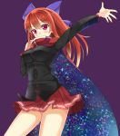  1girl alternate_hair_length alternate_hairstyle ashu bow breasts cape hair_bow long_hair outstretched_arm pink_eyes purple_background red_skirt redhead sekibanki simple_background skirt solo touhou 