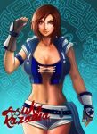  1girl alternate_costume armband belt breasts brown_hair character_name cleavage crop_top fingerless_gloves gloves green_eyes highres kazama_asuka large_breasts lips midriff navel nose short_hair short_shorts shorts sleeves_rolled_up sol_vaynard solo tekken toned 