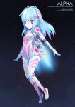  1girl 2014 absurdres alpha_(acerailgun) artist_name blue_eyes blue_hair borrowed_character character_name full_body hair_ornament hairclip highres long_hair multicolored_eyes original outstretched_arms pink_eyes robot_girl robot_joints seochan small_breasts smile solo space watermark web_address 