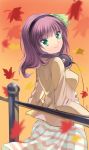  1girl angel_beats! autumn ayumu_(tobihanerusora) beats_by_dr._dre brand_name_imitation green_eyes hairband headphones leaf purple_hair short_hair smile yuri_(angel_beats!) 