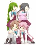  4girls :q ahoge akigumo_(kantai_collection) black_hair blush bowtie brown_eyes closed_eyes dated glasses green_eyes green_hair grey_background kantai_collection long_hair makigumo_(kantai_collection) multicolored_hair multiple_girls naganami_(kantai_collection) nagian open_mouth pantyhose pillow pink_hair school_uniform signature sleeves_past_wrists tongue tongue_out two-tone_hair very_long_hair white_background yuugumo_(kantai_collection) 