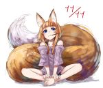  1girl animal_ears barefoot blue_eyes dated fox_ears fox_tail jaco looking_at_viewer original pocky pocky_day simple_background solo tail white_background 