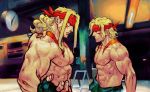  2boys abs alex_(street_fighter) blonde_hair blue_eyes dual_persona faceoff fingerless_gloves gloves headband height_difference long_hair multiple_boys muscle shirtless steven_mack street_fighter street_fighter_iii tattoo time_paradox younger 