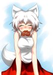  1girl animal_ears bare_shoulders blush breasts closed_eyes heart holding inubashiri_momiji large_breasts short_hair silver_hair solo tail touhou translation_request wolf_ears wolf_tail 