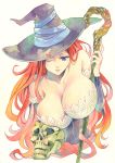  1girl agahari bare_shoulders breasts bust cleavage colored_pencil_(medium) detached_sleeves dragon&#039;s_crown dress hat highres huge_breasts lips long_hair one_eye_closed paint_(medium) parted_lips redhead skull solo sorceress_(dragon&#039;s_crown) staff strapless_dress traditional_media vertical_stripes violet_eyes witch_hat 