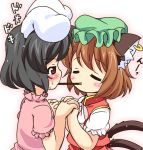  2girls animal_ears black_hair blush brown_hair cat_ears cat_tail chen closed_eyes dress ear_piercing holding_hands inaba_tewi interlocked_fingers jewelry mob_cap mouth_hold multiple_girls multiple_tails piercing pila-pela pink_dress pocky pocky_kiss puffy_short_sleeves puffy_sleeves rabbit_ears red_dress red_eyes shared_food short_sleeves single_earring tail touhou 