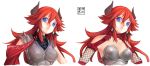  1girl armor blue_eyes borrowed_character breasts bust erica_(acerailgun) eudetenis horns long_hair original parted_lips payot redhead simple_background solo variations white_background 