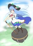 1girl blue_hair boots chipa_(arutana) food fruit hat hinanawi_tenshi keystone long_skirt peach red_eyes skirt sky solo sword_of_hisou touhou wind