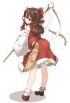  1girl amonitto bent_over bow brown_hair detached_sleeves floral_print gohei hair_bow hair_tubes hakurei_reimu long_sleeves looking_at_viewer looking_back red_eyes shirt skirt skirt_set solo staff touhou wide_sleeves 