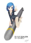  1girl blue_eyes blue_hair kantai_collection leotard original personification pointing riding short_hair skyrail torpedo us_navy uss_sealion_(ss-315) 