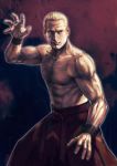  1boy abs blonde_hair fatal_fury fighting_stance geese_howard hakama japanese_clothes king_of_fighters muscle nose realistic santi_casas scar shirtless solo wristband 
