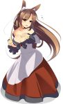  1girl absurdres animal_ears bare_shoulders breasts brooch brown_eyes brown_hair cleavage highres imaizumi_kagerou jewelry large_breasts long_hair long_sleeves miton15 off_shoulder open_mouth shirt skirt solo touhou very_long_hair wide_sleeves wolf_ears 