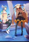  2girls alpha_(acerailgun) blue_hair borrowed_character breasts cecilia_(acerailgun) cloak dress feet_in_water fingerless_gloves gloves hairband horns letterboxed long_hair looking_at_another midriff multiple_girls navel nerior original pillar pink_eyes robot_girl ruins shoes shooting_star sitting sky soaking_feet star_(sky) starry_sky thigh-highs water watermark web_address white_hair witch yellow_eyes 