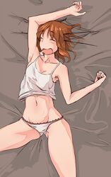  1girl arm_up armpits bed_sheet brown_hair closed_eyes drooling headgear highres kantai_collection kusottk maya_(kantai_collection) messy_hair navel open_mouth panties short_hair sleeping solo spaghetti_strap tank_top underwear white_panties 