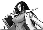  1girl accuracy0 book breasts earrings glasses jewelry labcoat large_breasts lips long_hair minazuki_kyouko monochrome nose ribbed_sweater rival_schools rival_schools:_united_by_fate semi-rimless_glasses smile solo sweater turtleneck under-rim_glasses watermark web_address 