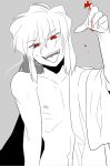  1boy blood fangs japanese_clothes ku. monochrome open_clothes open_mouth red_eyes short_hair smile solo toono_shiki_(2) tsukihime white_hair 