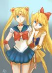  2girls ;o aino_minako bishoujo_senshi_sailor_moon blonde_hair blue_eyes blue_skirt bow brooch choker elbow_gloves gloves gradient gradient_background hair_bow hand_on_own_chin hand_on_own_face jewelry liliore(l.ily) long_hair multiple_girls one_eye_closed red_bow sailor_moon sailor_venus signature skirt tsukino_usagi twintails white_gloves 