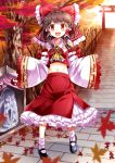  1girl :d blush bobby_socks bow brown_hair detached_sleeves e.o. frilled_shirt_collar hair_bow hair_tubes hakurei_reimu highres large_bow long_skirt mary_janes midriff navel open_mouth red_eyes shoes skirt smile socks solo torii touhou yin_yang 