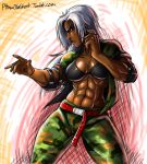  1girl abs belt black_bra bra breasts camouflage cleavage dark_skin elbow_pads eyebrows fighting_stance joe_shimamura large_breasts lips long_hair midriff muscle navel nose open_clothes open_shirt shiny shiny_skin silver_hair sleeves_rolled_up solo thick_thighs thighs underwear vanessa_lewis very_dark_skin virtua_fighter 