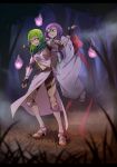  2girls annoyed armor borrowed_character cape floating forest full_body ghost grass greaves green_eyes green_hair highres hitodama isabelle_(acerailgun) japanese_clothes kimono letterboxed long_hair long_sleeves multiple_girls nature nerior original pointy_ears purple_hair rynn_(acerailgun) shield spaulders sword vambraces watermark weapon web_address wide_sleeves yellow_eyes 