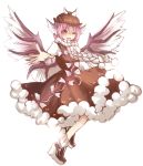  1girl ;d animal_ears berver brown_dress dress full_body high_heels mystia_lorelei one_eye_closed open_mouth pink_hair red_eyes scarf shoes short_hair smile solo touhou white_background wings 
