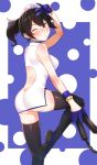  1girl alternate_costume ass back_cutout bare_shoulders black_hair black_legwear blue_gloves blush brown_eyes bun_cover china_dress chinese_clothes earrings gloves hair_bun highres inuhasiru jewelry kaga_(kantai_collection) kantai_collection leg_up looking_at_viewer nunchaku one_eye_closed solo thigh-highs weapon 