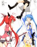  3girls artist_request blue_hair bodysuit boots closed_eyes genderswap long_hair multiple_girls ore_twintail_ni_narimasu redhead silver_hair simple_background skirt source_request tail_blue tail_red translation_request twintails twoearle white_background 