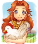  bird blue_eyes brown_hair chicken cucco long_hair malon ocarina_of_time pointy_ears smile the_legend_of_zelda you_(youyuyuyu) 