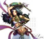  1girl 2009 arm_blade arm_up bandeau bangle black_hair bracelet breasts brown_eyes chiam_harkem fingerless_gloves gloves headdress jewelry midriff mismatched_gloves navel smile solo soulcalibur talim tonfa twintails vest weapon 