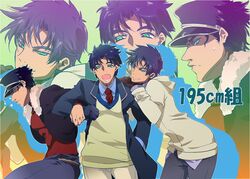  3boys blue_hair family green_eyes hat jonathan_joestar joseph_joestar_(young) kuujou_joutarou kzon_in multiple_boys necktie purple_hair 