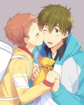  2boys backpack bag blush closed_eyes free! funikurikurara green_eyes kiss male multiple_boys one_eye_closed open_mouth pink_hair pumpkin shigino_hayato short_hair smile tachibana_makoto yaoi 