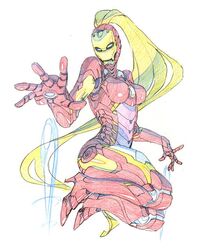  armor blonde_hair egocoroking genderswap iron_man marvel mask ponytail 