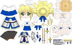  1girl absurdres ahoge armor artist_name blonde_hair blue_skirt blush bokken boots bra breasts character_name el_joey excalibur fate/stay_night fate_(series) faulds gauntlets greaves green_eyes highres panties paper_cut-out papercraft saber side-tie_panties skirt smile solo sword underwear watermark weapon web_address wooden_sword 