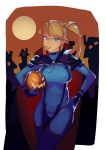  1girl blonde_hair blue_eyes bodysuit breasts candy cape food_in_mouth halloween hand_on_hip highres jack-o&#039;-lantern large_breasts lollipop long_hair metroid ponytail samus_aran skin_tight solo splashbrush swirl_lollipop zero_suit 